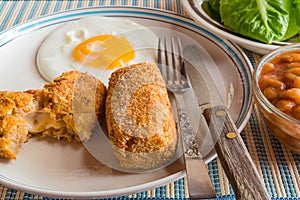 Close up of delicious homemade croquettes and fried egg