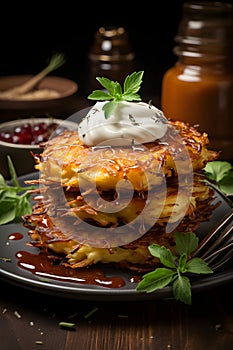 Close-up delicious homemade Hanukkah latkes with applesauce and sour cream