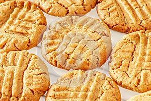 Close up delicious homemade peanut butter cookies on cooling rack. White background. Healthy snack concept. Macro photo