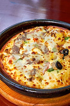 A close-up of a delicious Italian traditional cheese pizza