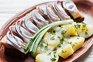 close up of delicious marinated herring with potatoes and onions