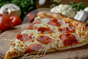 Close up of delicious pepperoni pizza slice over wooden table