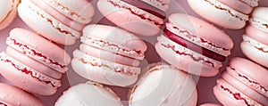 Close-up of delicious pink macaroons with fruity filling. Sweet food background. Gourmet dessert cookies. Generative AI