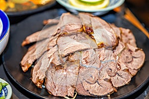 Close-up of a delicious sauced beef slices photo