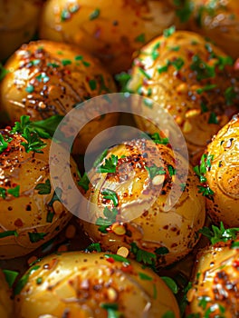 Close up of Delicious Seasoned Hasselback Potatoes Garnished with Parsley on a Dish