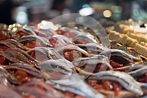 Close-up of delicious spanish tapas at san miguel market, Madrid, Spain