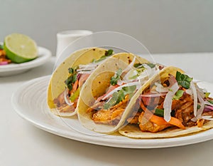 Close-up of delicious tacos filled with grilled chicken, fresh vegetables, and garnished with lime wedges, making it visually