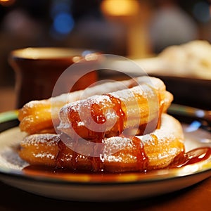 Close-up of delicious traditional mexican dessert, churros or flan for sale on photo stock photo