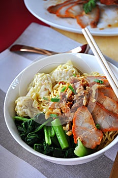 Close up Delicious Wanton Noodle with Grilled Pork