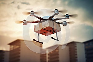 CLOSE UP delivery drone delivers a large brown mail package to the city