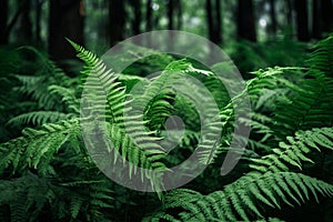 Densely growing green fern plant in wild forest