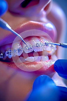 Close up of Dental Braces Adjustment on Teen Patient in Orthodontic Clinic with Blue Gloved Dentist