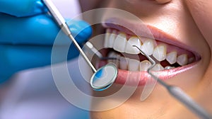 Close-up of dental check-up, patient getting a dental treatment. Professional oral care, hygiene procedure at