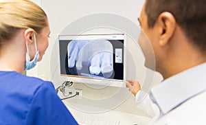 Close up of dentist and assistant at dental clinic