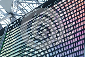 Close up departure board in airport background