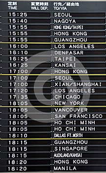 Close up of the departure board of Tokyo airport, asian and american destinations