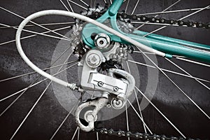 Close up of the derailleur of a vintage seventies racing bicycle