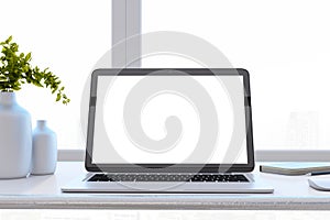 Close up of designer office desktop with white mock up laptop computer screen, decorative vase with plant, other objects