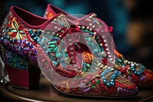 close-up of designer shoes with intricate details and vivid colors