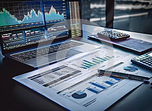 Close-Up of Desk with Financial Charts on Laptop, Financial Statement Documents, Calculator, and Stationery photo