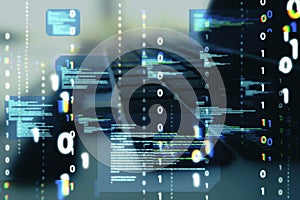 Close up of desktop with laptop and abstract coding binary code hologram on blurry background. Artificial intelligence and