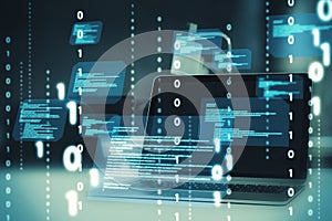 Close up of desktop with laptop computer and abstract coding binary code hologram on blurry background. Artificial intelligence