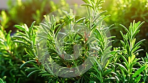 A close up detail captures the vibrant greenery of fresh rosemary herb