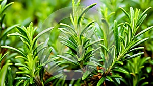 A close up detail captures the vibrant greenery of fresh rosemary herb
