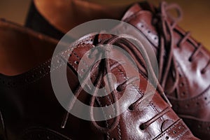 Close-up detail of classic brown leather Brogue shoes
