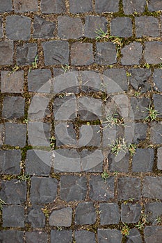 Close up of the detail of colorful cobblestones in an old street. An old road paved with granite stones.