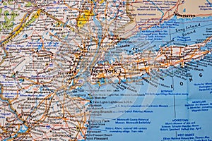 Close up detail of colorful map showing New York City, New Jersey, Manhattan, Long Island Sound