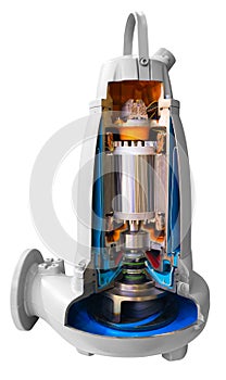 Close up detail cross section impeller inside of electric vertical centrifugal pump or blower for industrial