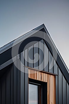 close up detail of dark grey alucobond cladding on the roof, wood slats behind it, contemporary architecture