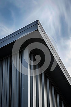 close up detail of dark grey alucobond cladding on the roof, wood slats behind it, contemporary architecture