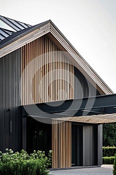 close up detail of dark grey alucobond cladding on the roof, wood slats behind it, contemporary architecture