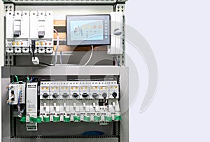 Close up detail electric device and control circuit in box for industrial with copy space