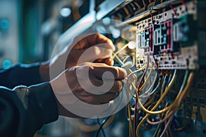 Close up detail of an electrician hands working with wires and fuse switch box