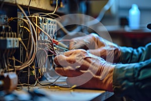 Close up detail of an electrician hands working with wires and fuse switch box