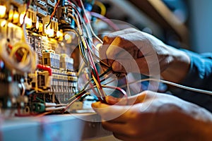 Close up detail of an electrician hands working with wires and fuse switch box