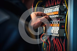 Close up detail of an electrician hands working with wires and fuse switch box