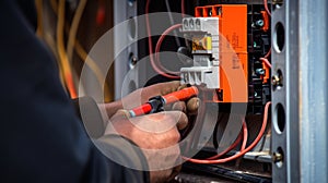 Close up detail of an electrician hands working with wires and fuse switch box