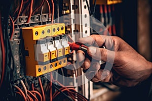 Close up detail of an electrician hands working with wires and fuse switch box. Generative AI