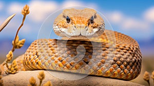 Close-up detail of the head of a Rattlesnake in desert on blurred background