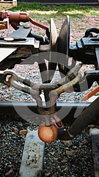 Close-up detail of iron connection of two train wagons. Railway car coupler and train buffers photo