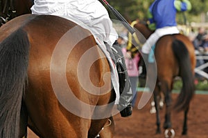 Close Up Detail of Jockey on Race Horse