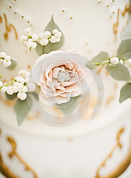 Close-up detail of a luxury wedding cake, exclusive high-end design, beautifully decorated professional premium cake as