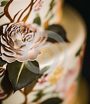 Close-up detail of a luxury wedding cake, exclusive high-end design, beautifully decorated professional premium cake as