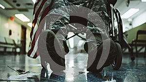 Close-up detail of man prosthetic leg in a wheelchair in a hospital, an American flag draped over his lap, Veterans day concept.