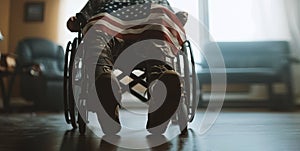 Close-up detail of man prosthetic leg in a wheelchair in a hospital, an American flag draped over his lap, Veterans day concept.