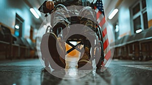 Close-up detail of man prosthetic leg in a wheelchair in a hospital, an American flag draped over his lap, Veterans day concept.